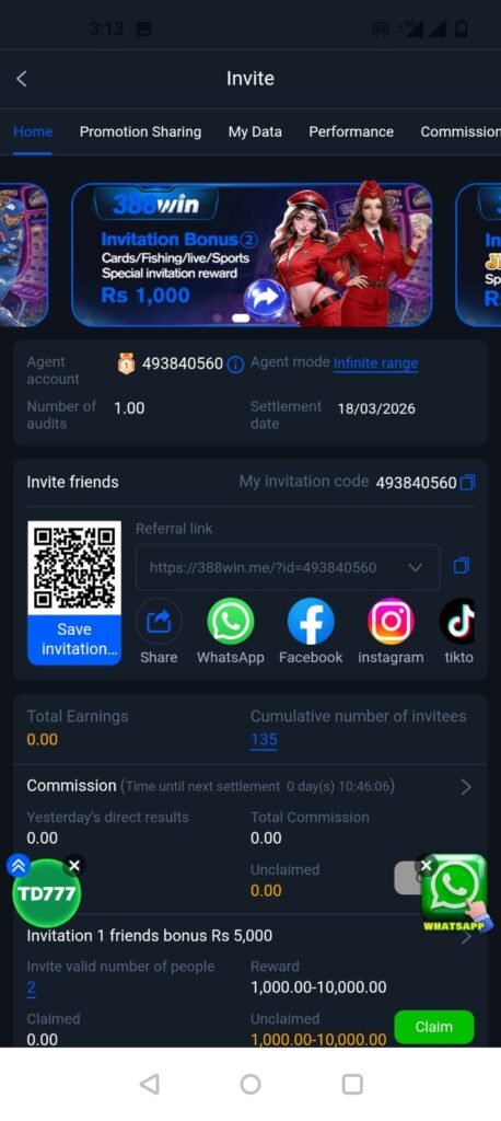 invite earning in 388Win Game